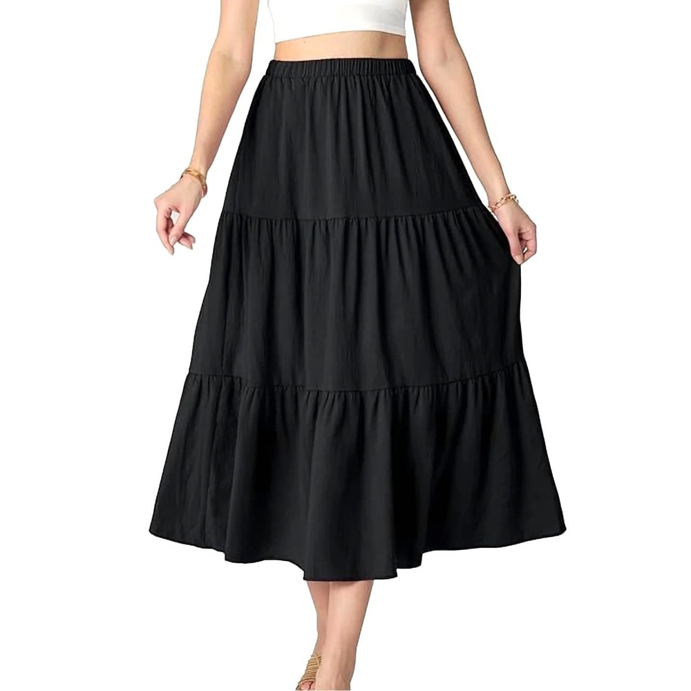 Z SUPPLY Lightweight TWILL Flowy Boho Hippie BLACK A-LINE TIERED MAXI SKIRT XS